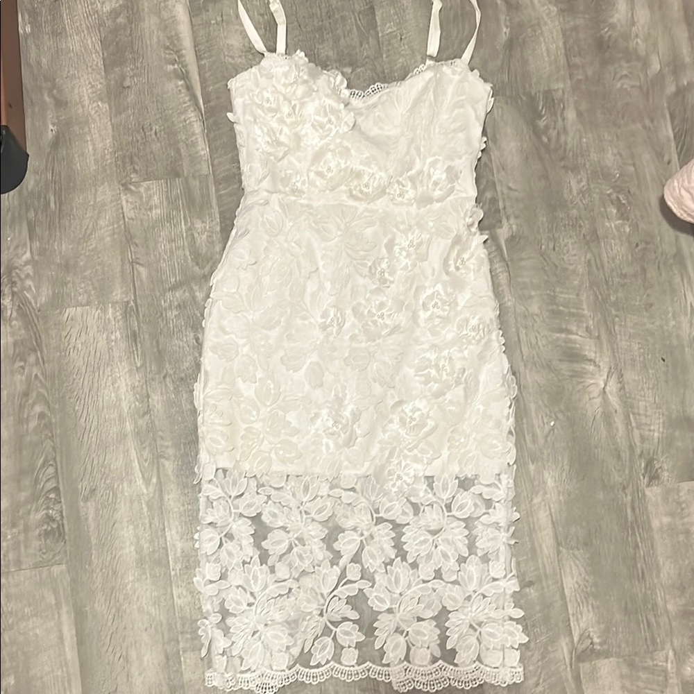 Helsi White floral lace midi sheer overlay dress. Boning and adjustable strap.